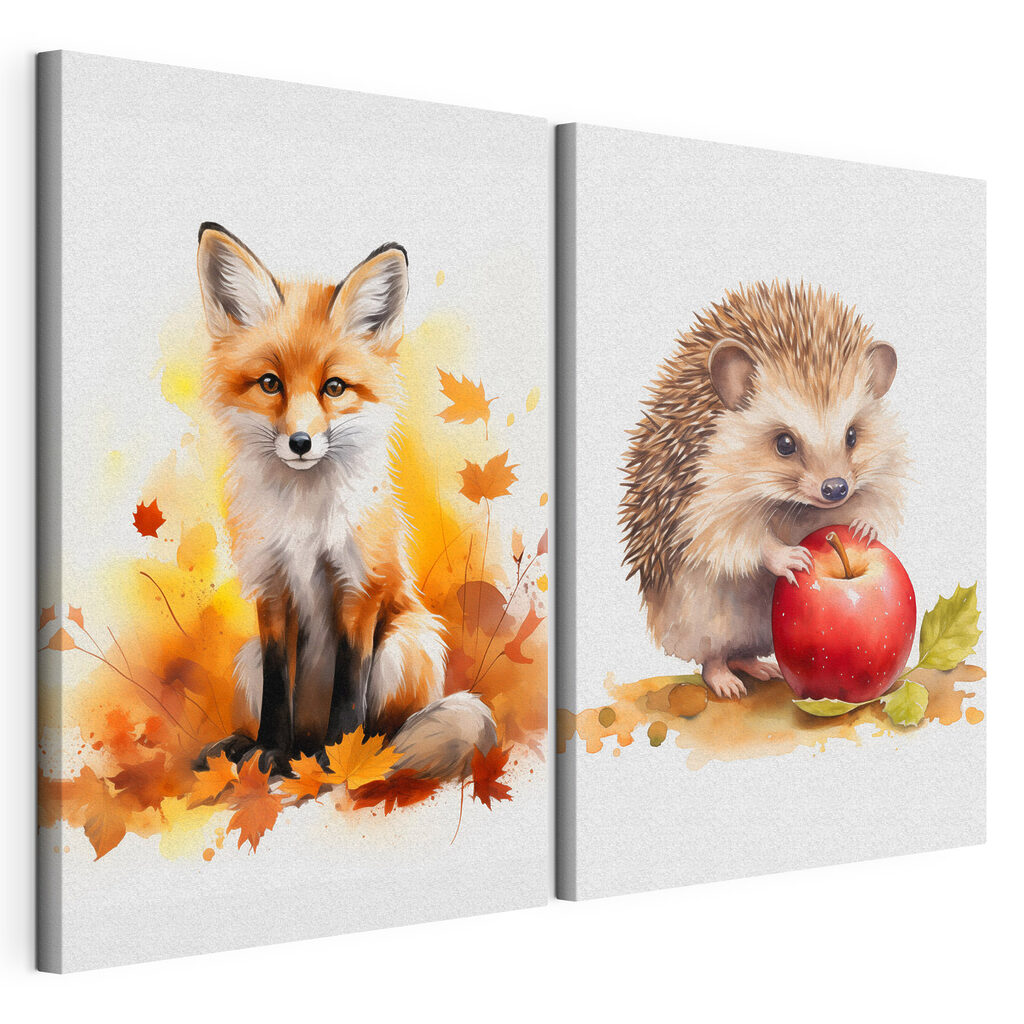 Fox and hedgehog holding an apple Fox and hedgehog holding an apple