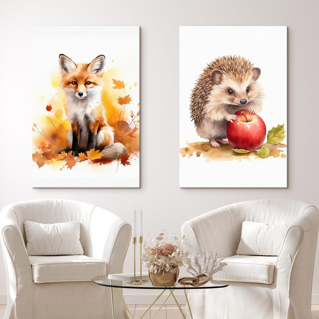 Fox and hedgehog holding an apple Fox and hedgehog holding an apple