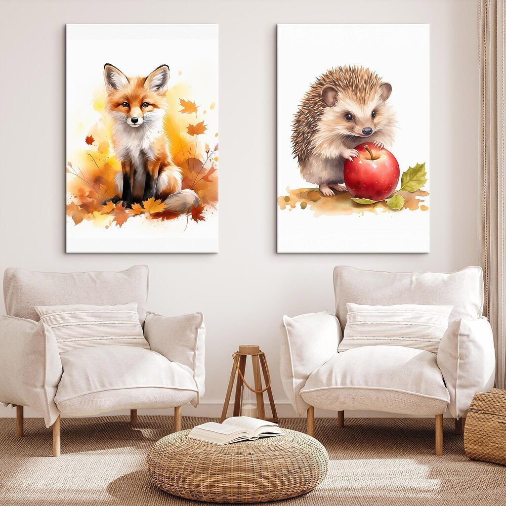 Fox and hedgehog holding an apple Fox and hedgehog holding an apple