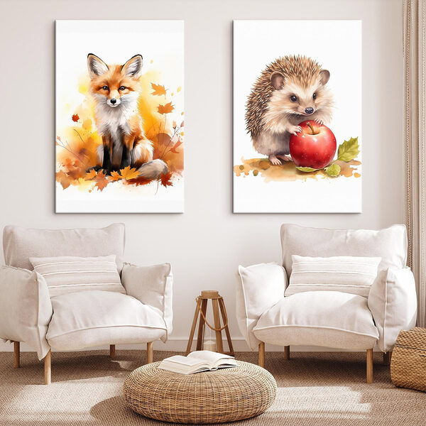 Fox and hedgehog holding an apple Fox and hedgehog holding an apple