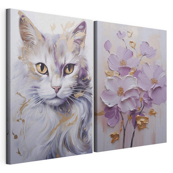 Un dipinto raffigurante un gatto e un dipinto raffigurante dei fiori Stampa su tela modulare Un dipinto raffigurante un gatto e un dipinto raffigurante dei fiori