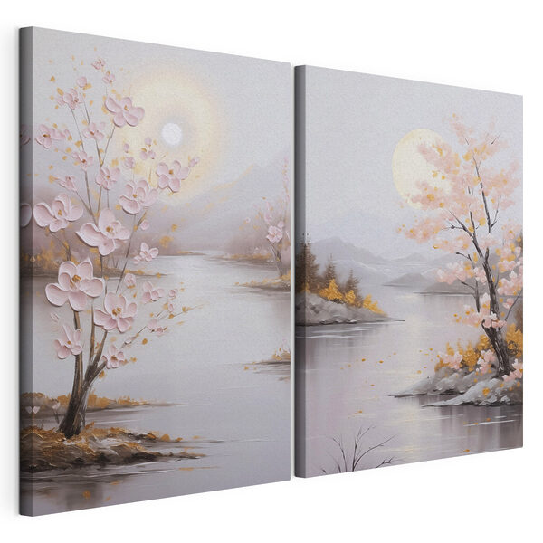 Dipinto raffigurante un fiume e un albero con fiori rosa Stampa su tela modulare Dipinto raffigurante un fiume e un albero con fiori rosa