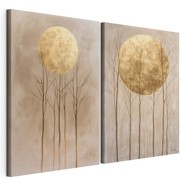 Due dipinti raffiguranti alberi e la luna Stampa su tela modulare Due dipinti raffiguranti alberi e la luna