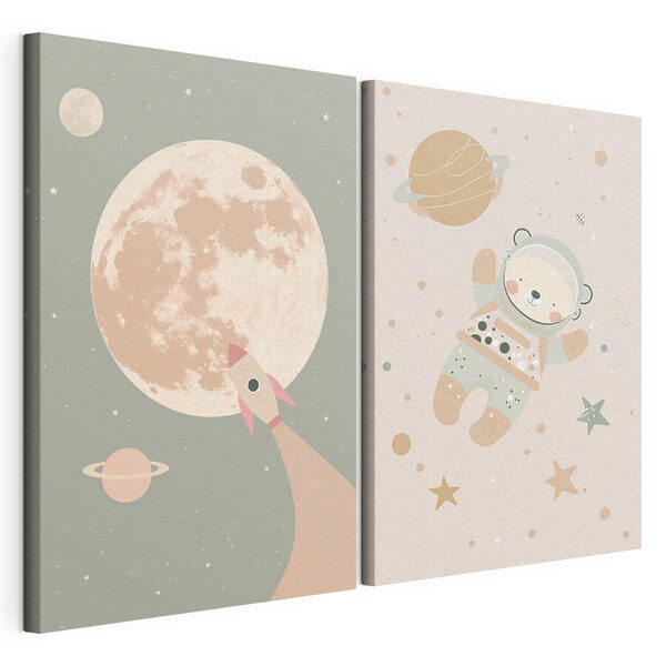 Due poster raffiguranti un orso e un razzo nello spazio Stampa su tela modulare Due poster raffiguranti un orso e un razzo nello spazio