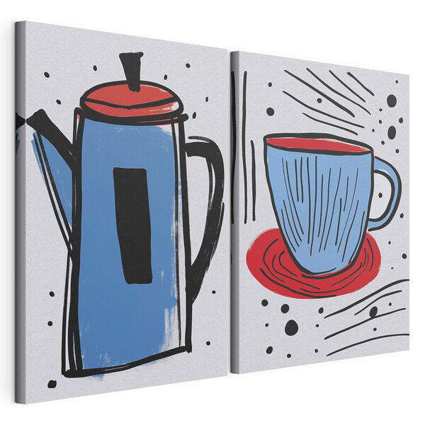 Disegno di una caffettiera e di una tazza Stampa su tela modulare Disegno di una caffettiera e di una tazza