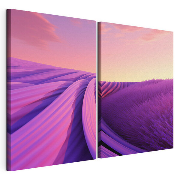 Campo di lavanda con cielo rosa e viola Stampa su tela modulare Campo di lavanda con cielo rosa e viola