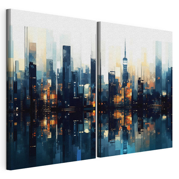 Stampa su tela modulare Skyline della città con il riflesso sull'acqua