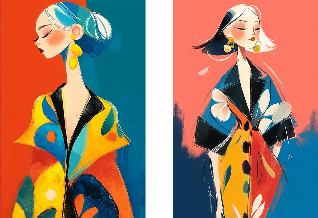 Collage of a woman wearing a colorful coat Collage of a woman wearing a colorful coat