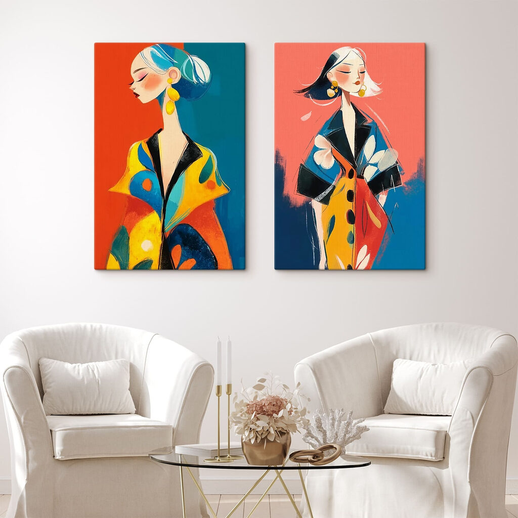 Collage of a woman wearing a colorful coat Collage of a woman wearing a colorful coat