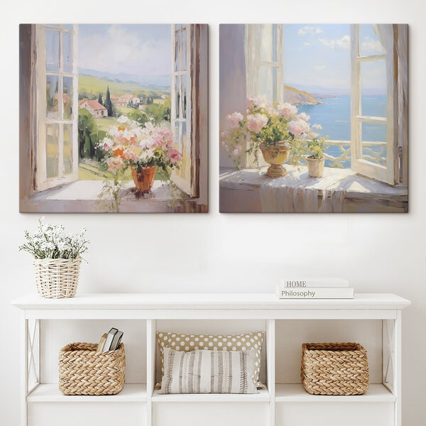 Painting of flowers on a window sill Painting of flowers on a window sill