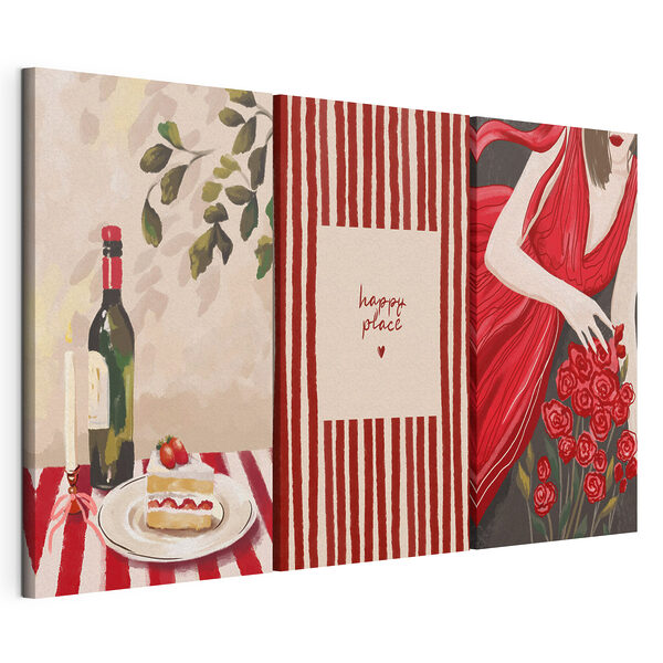 Collage raffigurante una donna che tiene in mano un mazzo di rose e una candela Stampa su tela modulare Collage raffigurante una donna che tiene in mano un mazzo di rose e una candela