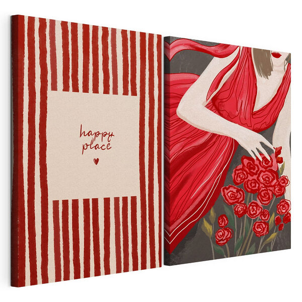 Donna in abito rosso con dei fiori in mano Stampa su tela modulare Donna in abito rosso con dei fiori in mano