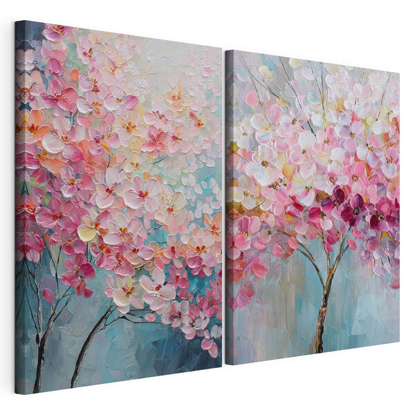 Dipinto raffigurante un albero con fiori rosa Stampa su tela modulare Dipinto raffigurante un albero con fiori rosa