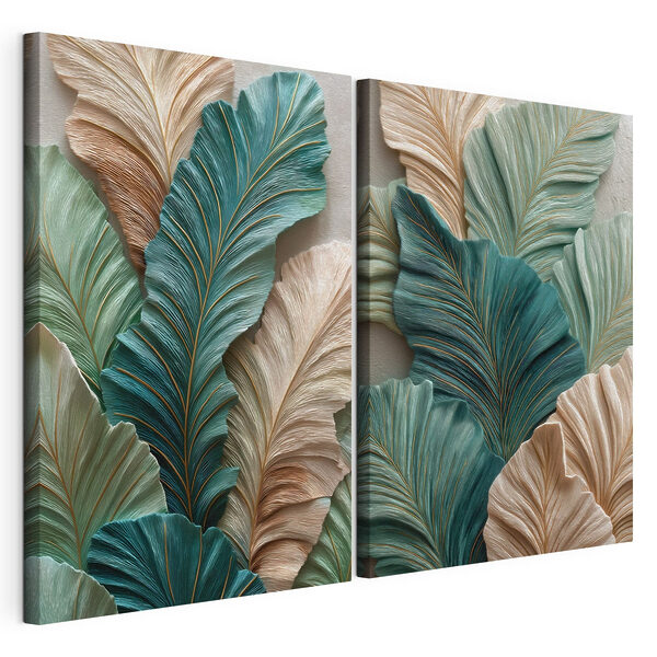 Composizione artistica con foglie verdi e beige Stampa su tela modulare Composizione artistica con foglie verdi e beige