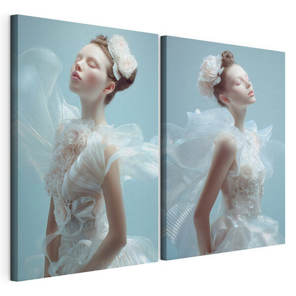 Collage raffigurante una donna in abito bianco Stampa su tela modulare Collage raffigurante una donna in abito bianco