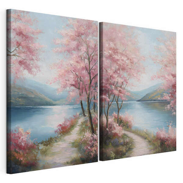 Dipinto raffigurante un sentiero in riva al lago con fiori rosa Stampa su tela modulare Dipinto raffigurante un sentiero in riva al lago con fiori rosa