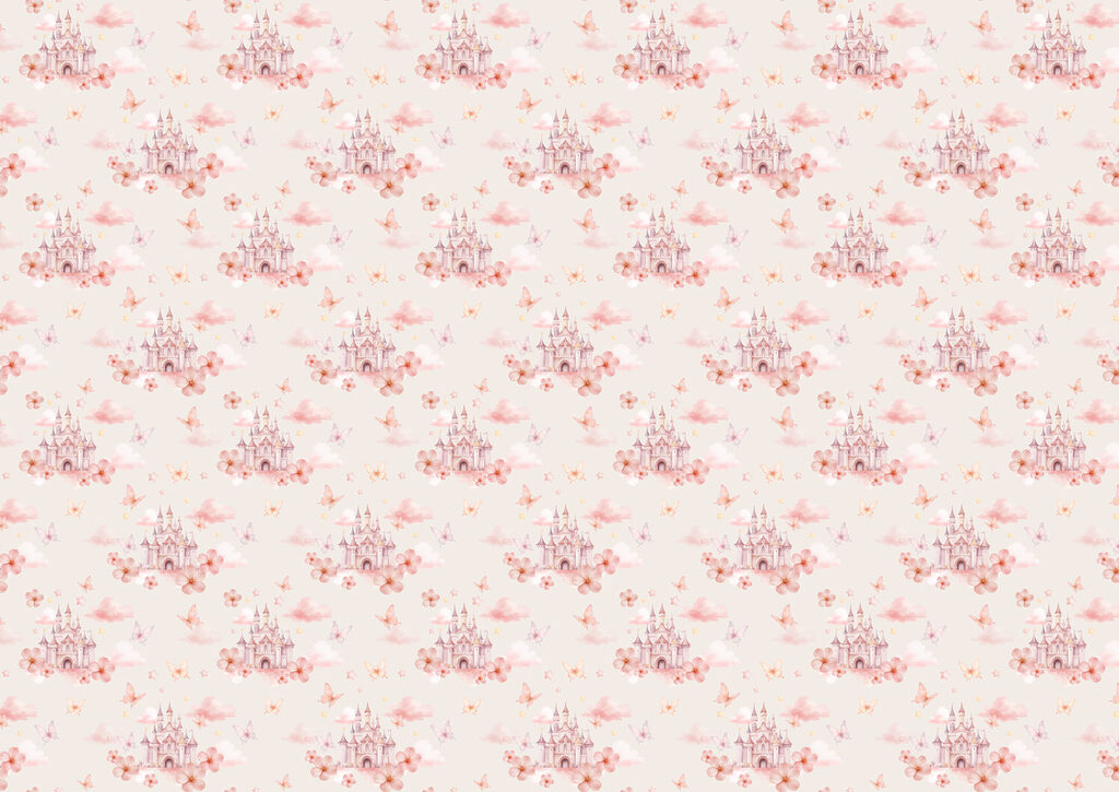 Pattern of pink butterflies and a castle