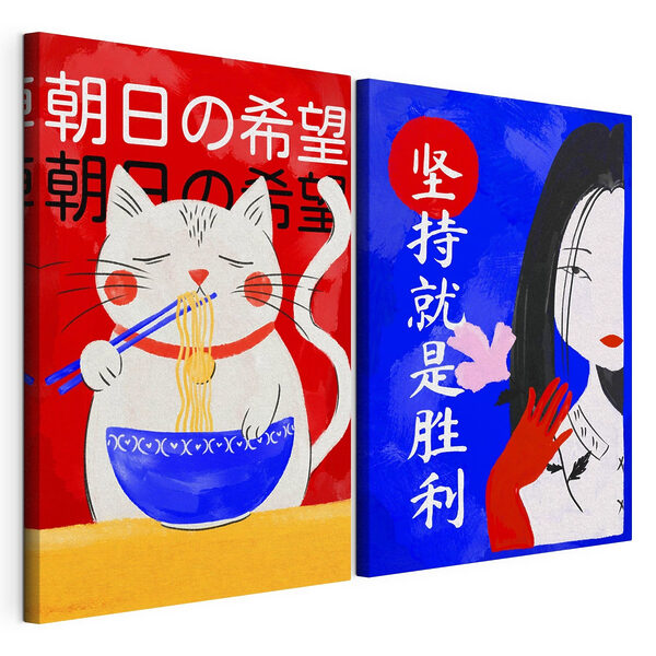 Due manifesti raffiguranti un gatto e una donna Stampa su tela modulare Due manifesti raffiguranti un gatto e una donna