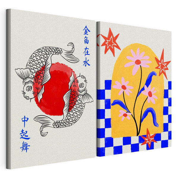 Due cartoline con fiori e pesci Stampa su tela modulare Due cartoline con fiori e pesci