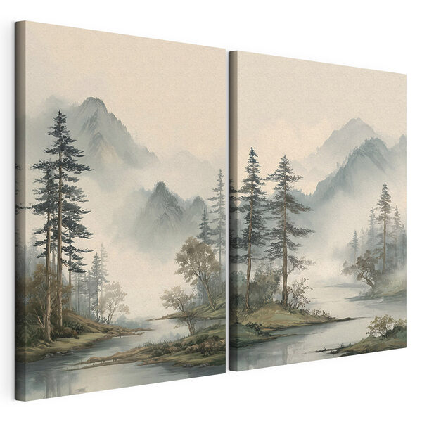 Dipinto raffigurante un fiume con alberi e montagne Stampa su tela modulare Dipinto raffigurante un fiume con alberi e montagne