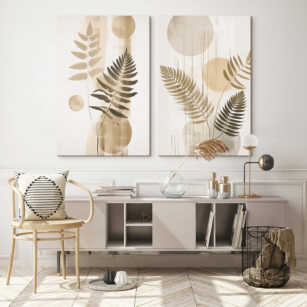 Pair of art pieces of leaves and circles
