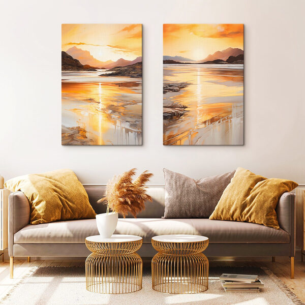 Painting of a beach and mountains Painting of a beach and mountains