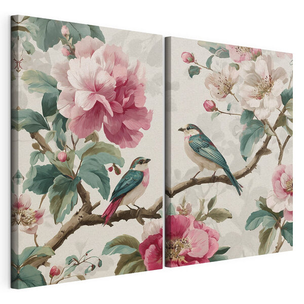 Due uccelli su un ramo con dei fiori Stampa su tela modulare Due uccelli su un ramo con dei fiori