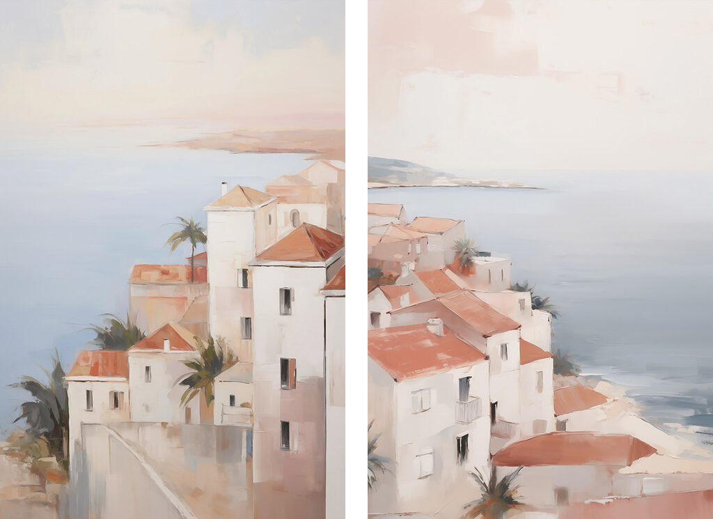 Painting of a town on a cliff Painting of a town on a cliff