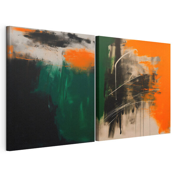 Due opere d’arte nei colori arancione e nero Stampa su tela modulare Due opere d’arte nei colori arancione e nero