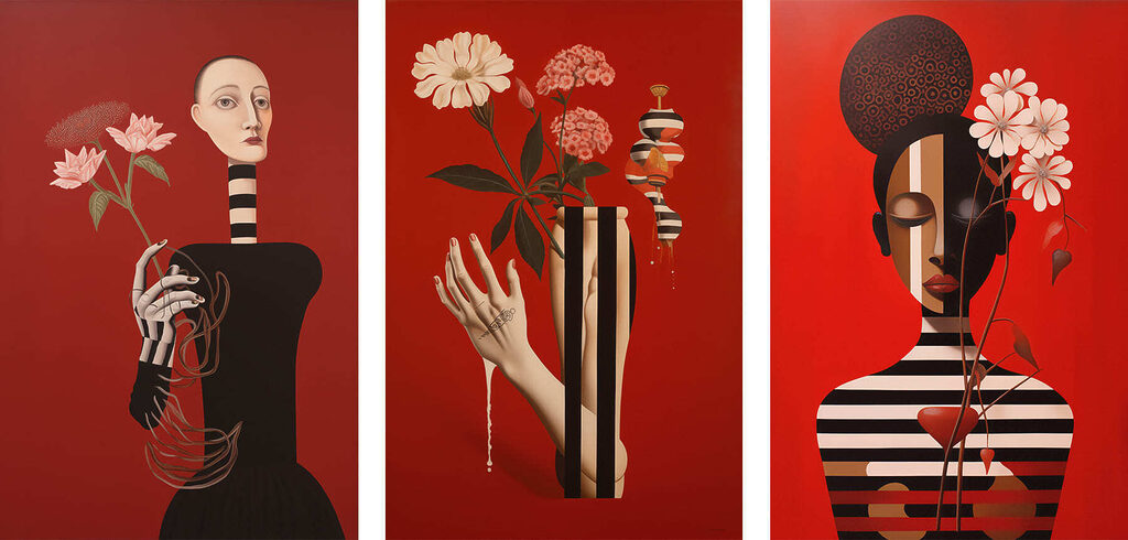 Group of paintings on red