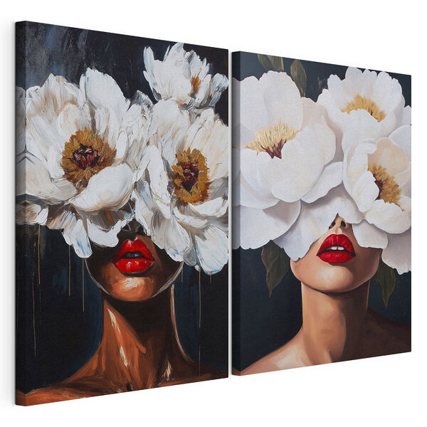 Dipinto raffigurante una donna con dei fiori sugli occhi Stampa su tela modulare Dipinto raffigurante una donna con dei fiori sugli occhi
