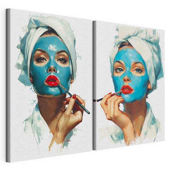 Stampa su tela modulare Collage di una donna che si applica una maschera blu (COD: m30506) Stampa su tela modulare Stampa su tela modulare Collage di una donna che si applica una maschera blu (COD: m30506)