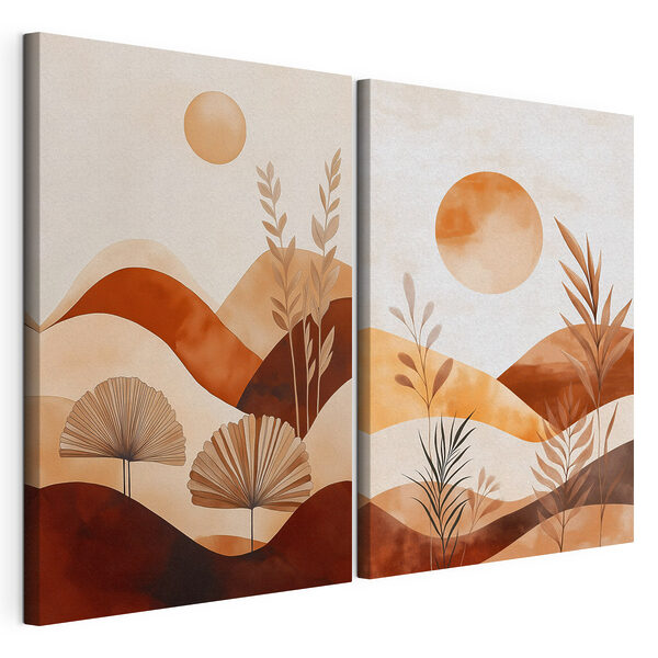 Dipinto raffigurante un paesaggio con piante e sole Stampa su tela modulare Dipinto raffigurante un paesaggio con piante e sole