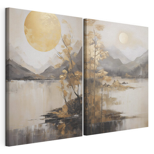 Dipinto raffigurante un paesaggio con la luna e le montagne Stampa su tela modulare Dipinto raffigurante un paesaggio con la luna e le montagne