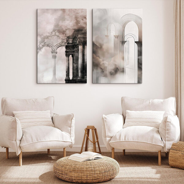 Collage of a building with columns and smoke Collage of a building with columns and smoke