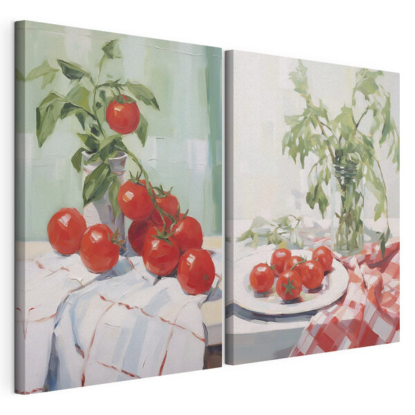 Dipinto raffigurante dei pomodori su un tavolo Stampa su tela modulare Dipinto raffigurante dei pomodori su un tavolo