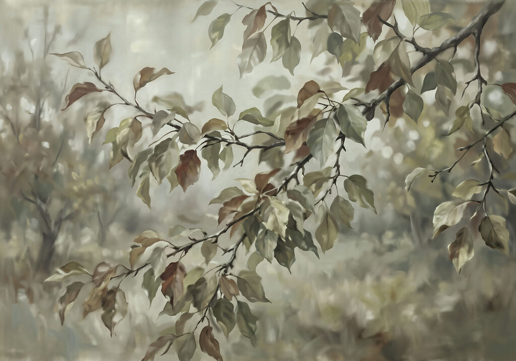 Painting of a tree branch with leaves