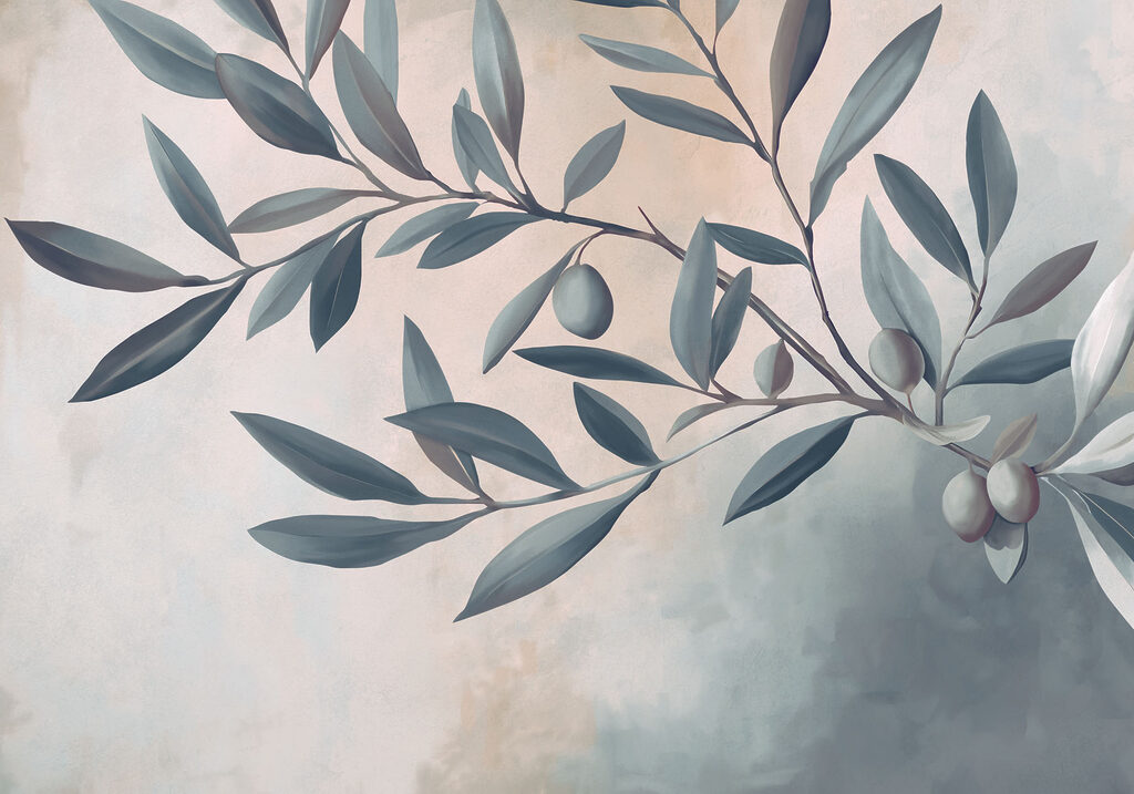 Painting of a branch with leaves and fruits