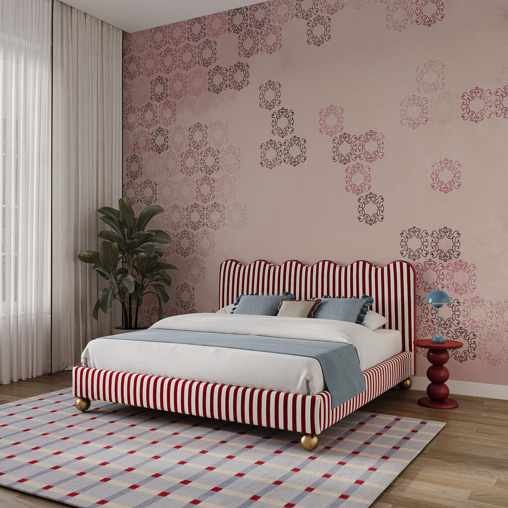 Sfondo rosa con tante piccole forme nere e rosse