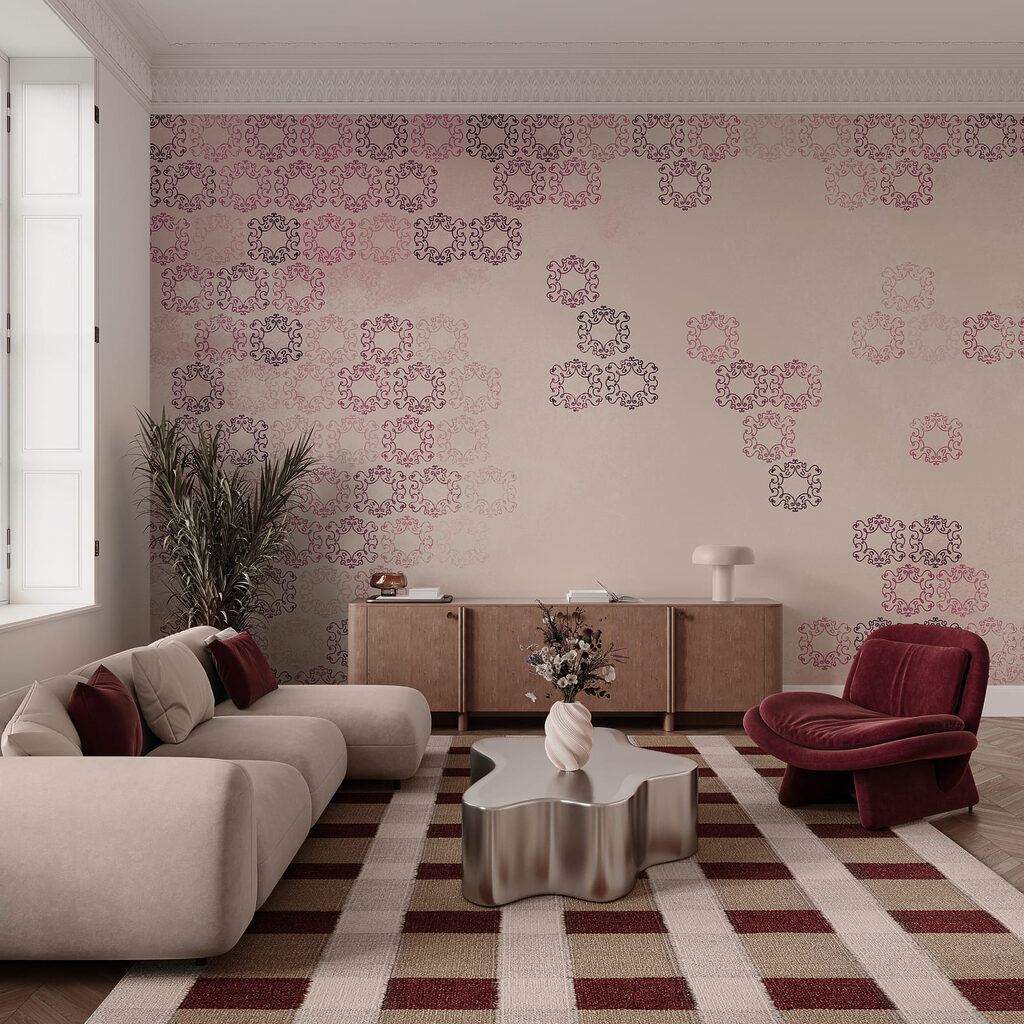 Sfondo rosa con tante piccole forme nere e rosse