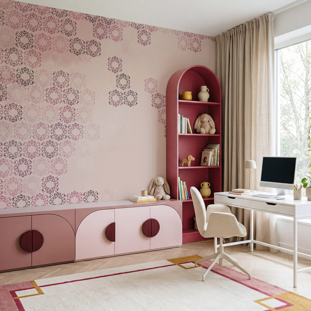 Sfondo rosa con tante piccole forme nere e rosse