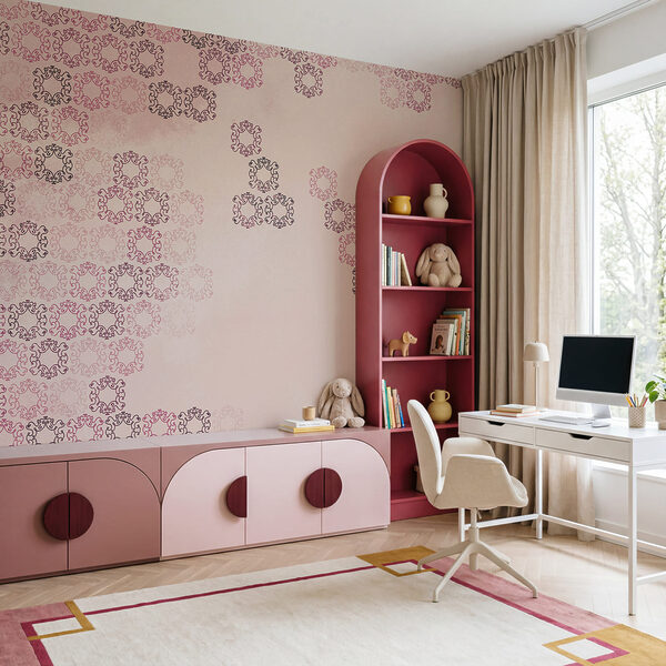 Sfondo rosa con tante piccole forme nere e rosse