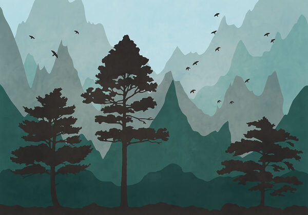 Painting of a forest with mountains and birds
