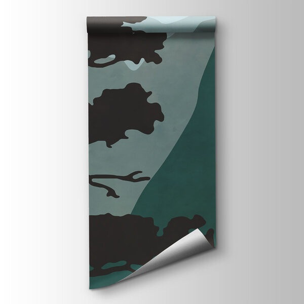Painting of a forest with mountains and birds