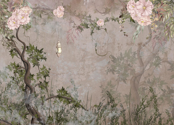 Painting of a tree with flowers and a lantern Painting of a tree with flowers and a lantern