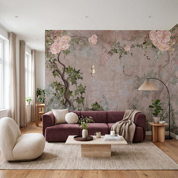 Dipinto raffigurante un albero con fiori e una lanterna Dipinto raffigurante un albero con fiori e una lanterna