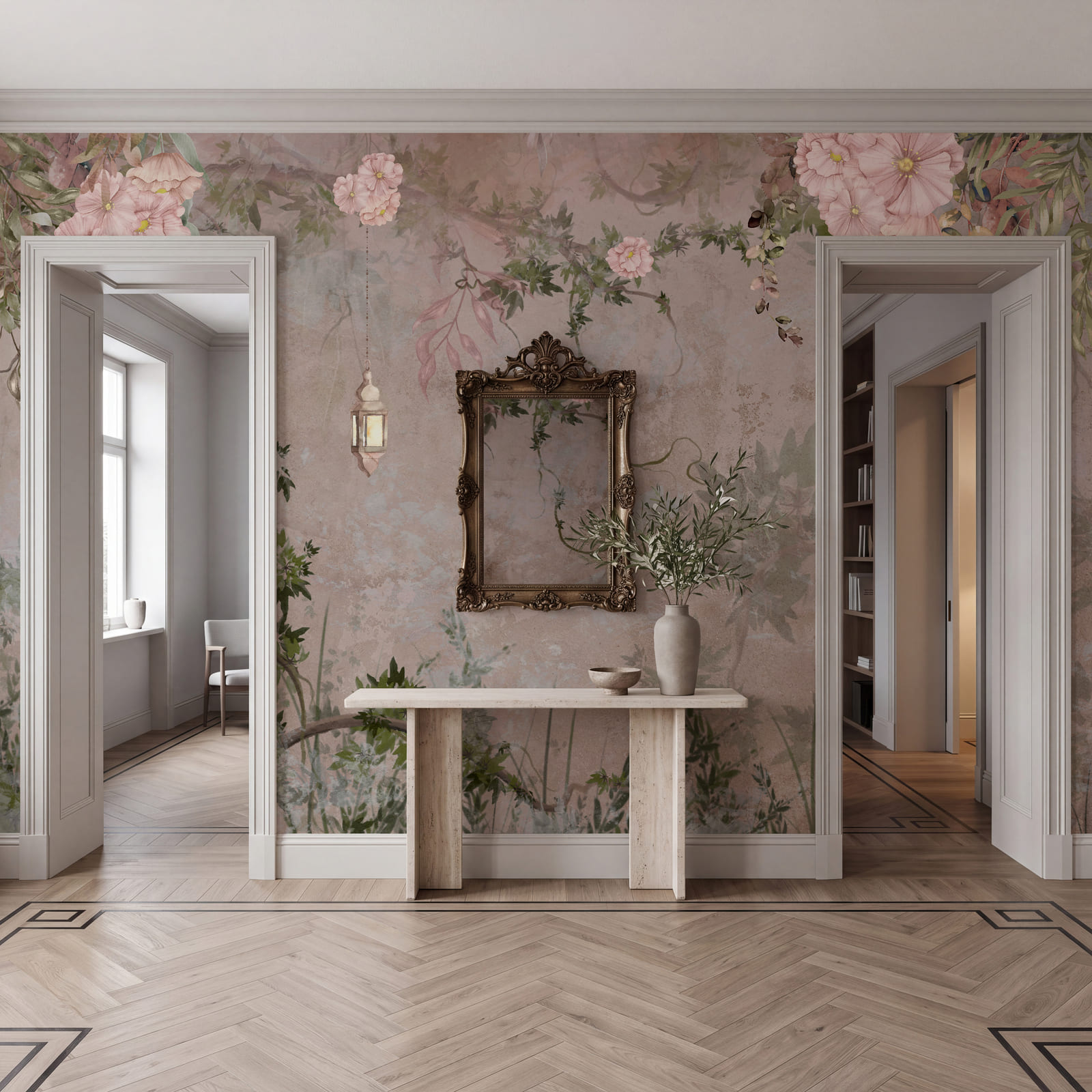Dipinto raffigurante un albero con fiori e una lanterna Dipinto raffigurante un albero con fiori e una lanterna