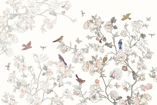 Floral scene with colorful birds Floral scene with colorful birds