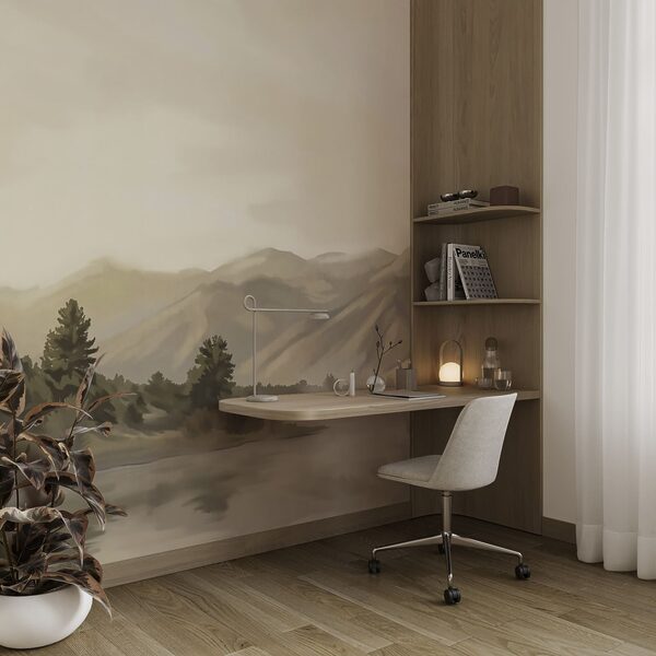 Specchio d'acqua con alberi e montagne sullo sfondo Specchio d'acqua con alberi e montagne sullo sfondo