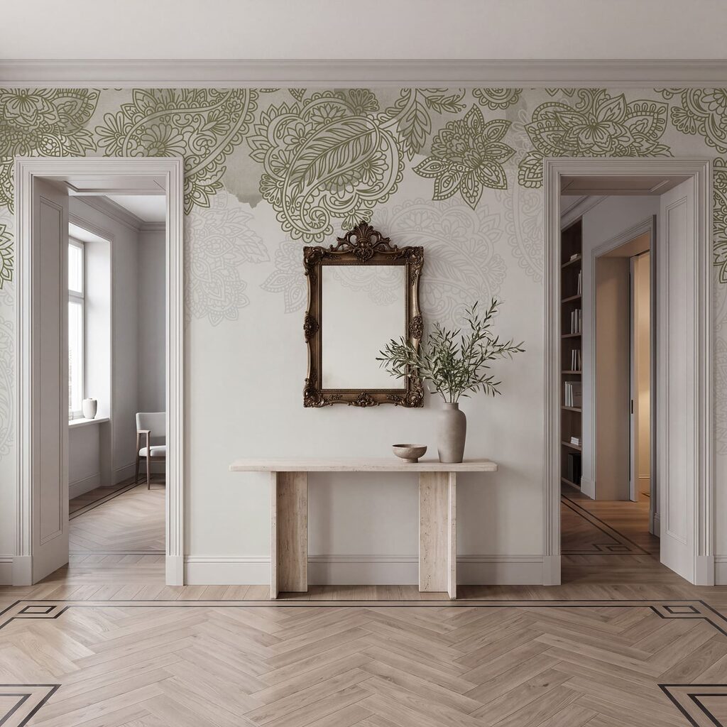 Sfondo bianco con un motivo di foglie e fiori Sfondo bianco con un motivo di foglie e fiori
